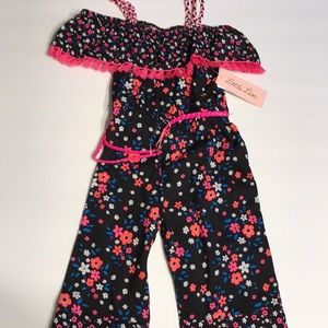 Toddler girls Little Lass 2T one piece pants summer outfit floral black